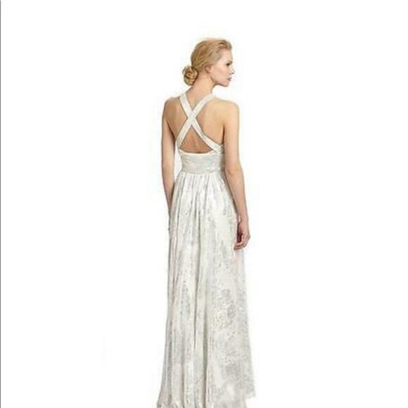 Aidan Mattox White Silver Metallic Halter Cross Back Maxi Gown Dress - Picture 2 of 11